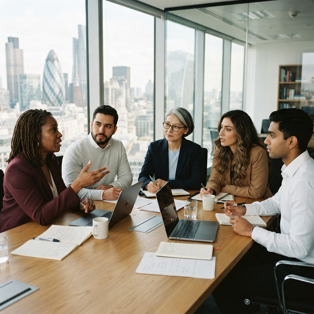 Consulting team discussing strategy around a table