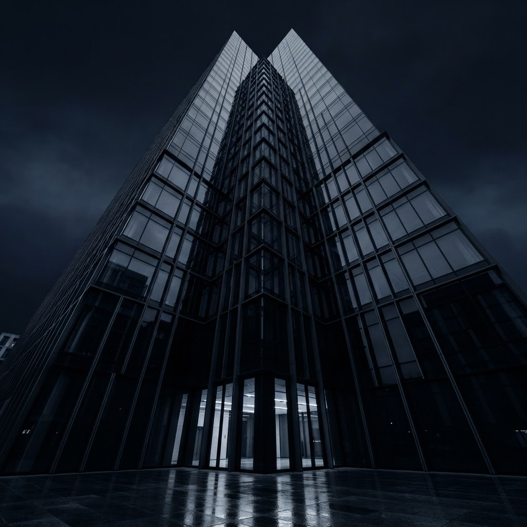 Modern glass office building facade shot from a low angle